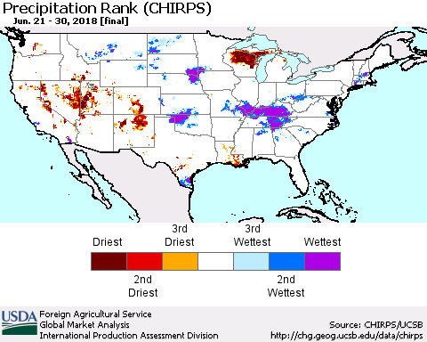 United States Precipitation Rank since 1981 (CHIRPS) Thematic Map For 6/21/2018 - 6/30/2018