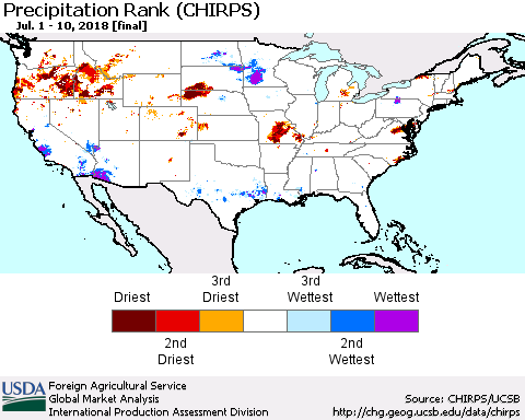 United States Precipitation Rank since 1981 (CHIRPS) Thematic Map For 7/1/2018 - 7/10/2018