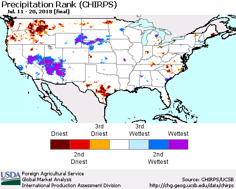 United States Precipitation Rank since 1981 (CHIRPS) Thematic Map For 7/11/2018 - 7/20/2018