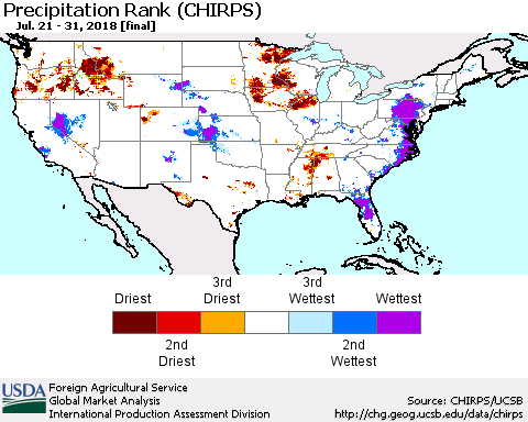 United States Precipitation Rank since 1981 (CHIRPS) Thematic Map For 7/21/2018 - 7/31/2018