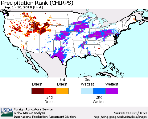 United States Precipitation Rank since 1981 (CHIRPS) Thematic Map For 9/1/2018 - 9/10/2018