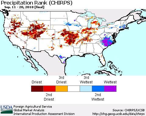 United States Precipitation Rank since 1981 (CHIRPS) Thematic Map For 9/11/2018 - 9/20/2018