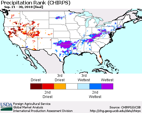 United States Precipitation Rank since 1981 (CHIRPS) Thematic Map For 9/21/2018 - 9/30/2018
