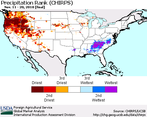 United States Precipitation Rank since 1981 (CHIRPS) Thematic Map For 11/11/2018 - 11/20/2018