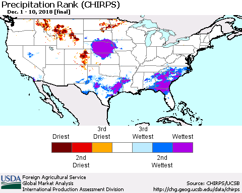 United States Precipitation Rank since 1981 (CHIRPS) Thematic Map For 12/1/2018 - 12/10/2018