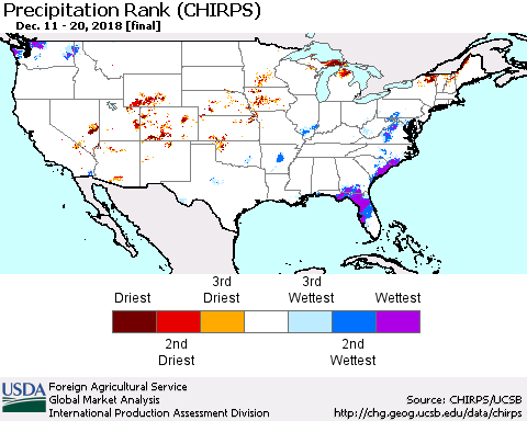 United States Precipitation Rank since 1981 (CHIRPS) Thematic Map For 12/11/2018 - 12/20/2018