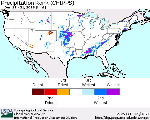 United States Precipitation Rank since 1981 (CHIRPS) Thematic Map For 12/21/2018 - 12/31/2018
