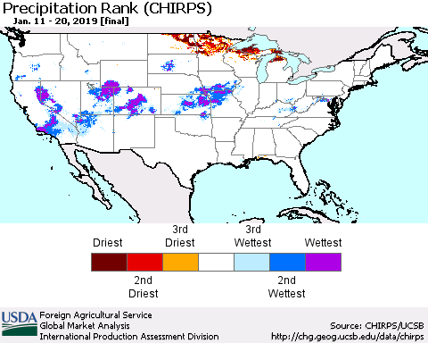 United States Precipitation Rank since 1981 (CHIRPS) Thematic Map For 1/11/2019 - 1/20/2019