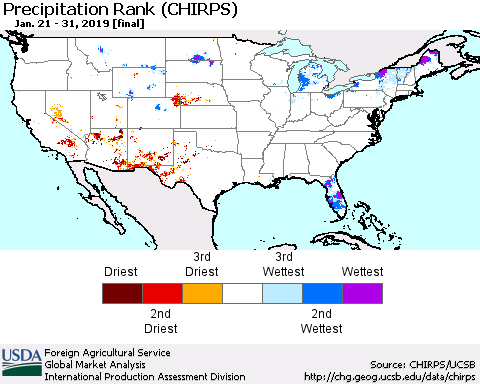 United States Precipitation Rank since 1981 (CHIRPS) Thematic Map For 1/21/2019 - 1/31/2019