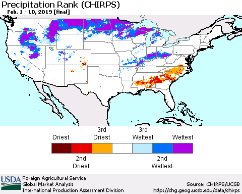United States Precipitation Rank since 1981 (CHIRPS) Thematic Map For 2/1/2019 - 2/10/2019