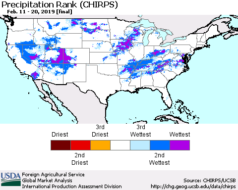 United States Precipitation Rank since 1981 (CHIRPS) Thematic Map For 2/11/2019 - 2/20/2019