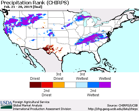 United States Precipitation Rank since 1981 (CHIRPS) Thematic Map For 2/21/2019 - 2/28/2019