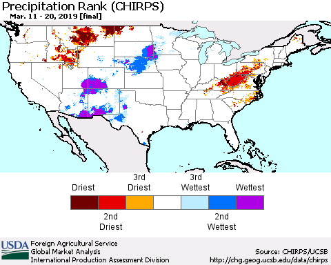 United States Precipitation Rank (CHIRPS) Thematic Map For 3/11/2019 - 3/20/2019
