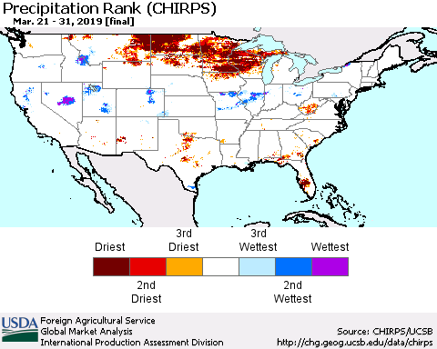 United States Precipitation Rank (CHIRPS) Thematic Map For 3/21/2019 - 3/31/2019