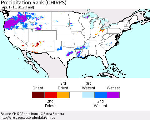 United States Precipitation Rank (CHIRPS) Thematic Map For 4/1/2019 - 4/10/2019