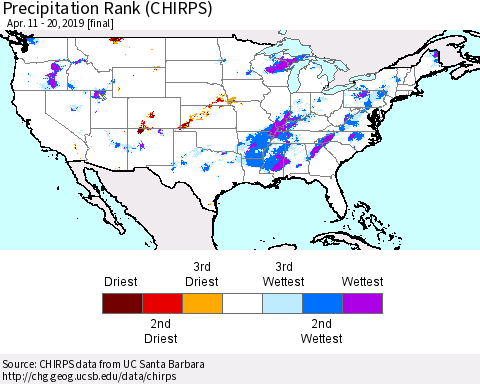 United States Precipitation Rank (CHIRPS) Thematic Map For 4/11/2019 - 4/20/2019