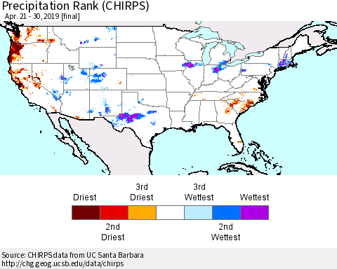 United States Precipitation Rank (CHIRPS) Thematic Map For 4/21/2019 - 4/30/2019