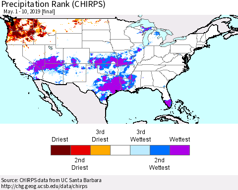United States Precipitation Rank (CHIRPS) Thematic Map For 5/1/2019 - 5/10/2019