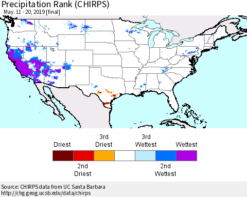 United States Precipitation Rank (CHIRPS) Thematic Map For 5/11/2019 - 5/20/2019