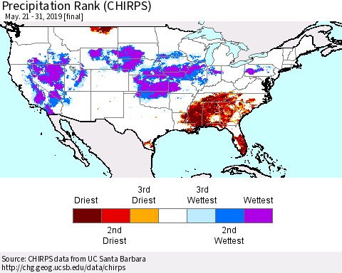United States Precipitation Rank (CHIRPS) Thematic Map For 5/21/2019 - 5/31/2019