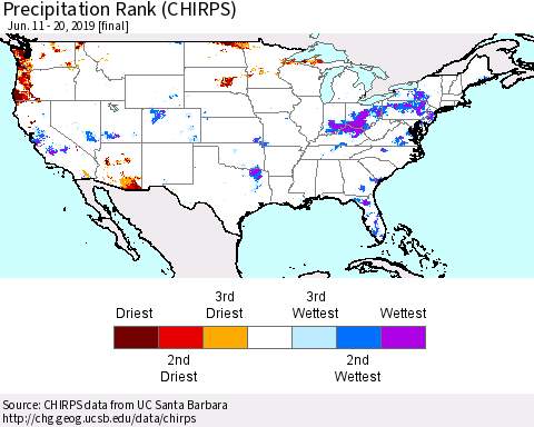 United States Precipitation Rank (CHIRPS) Thematic Map For 6/11/2019 - 6/20/2019