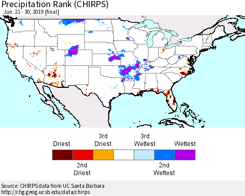 United States Precipitation Rank (CHIRPS) Thematic Map For 6/21/2019 - 6/30/2019