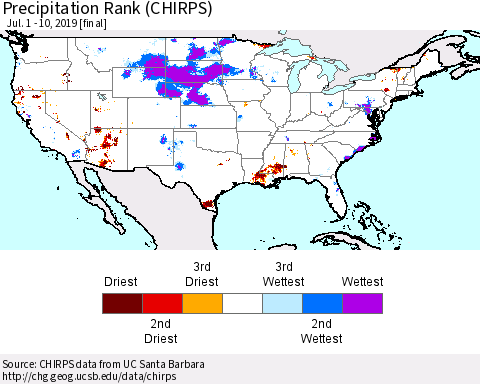 United States Precipitation Rank since 1981 (CHIRPS) Thematic Map For 7/1/2019 - 7/10/2019