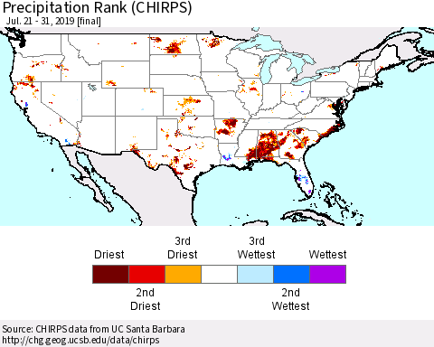 United States Precipitation Rank (CHIRPS) Thematic Map For 7/21/2019 - 7/31/2019