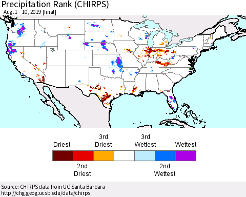 United States Precipitation Rank since 1981 (CHIRPS) Thematic Map For 8/1/2019 - 8/10/2019