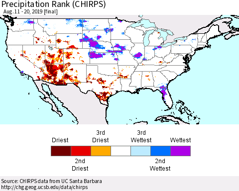 United States Precipitation Rank since 1981 (CHIRPS) Thematic Map For 8/11/2019 - 8/20/2019