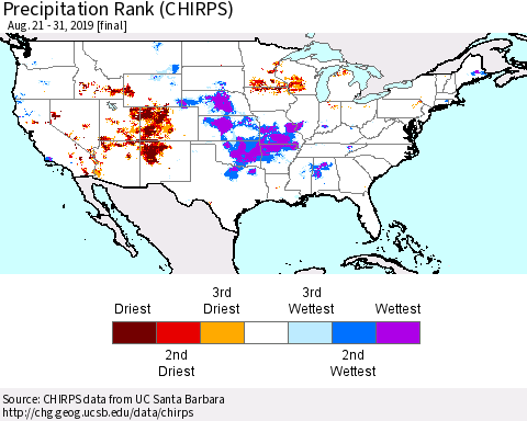 United States Precipitation Rank since 1981 (CHIRPS) Thematic Map For 8/21/2019 - 8/31/2019