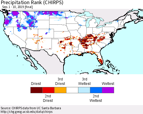 United States Precipitation Rank (CHIRPS) Thematic Map For 9/1/2019 - 9/10/2019