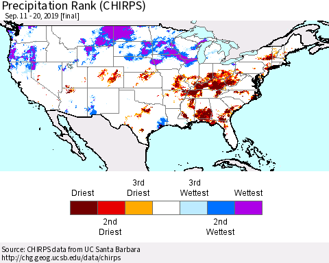 United States Precipitation Rank (CHIRPS) Thematic Map For 9/11/2019 - 9/20/2019