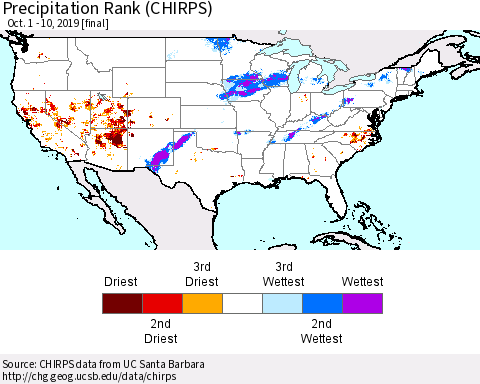 United States Precipitation Rank (CHIRPS) Thematic Map For 10/1/2019 - 10/10/2019