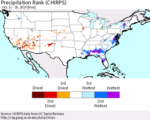 United States Precipitation Rank (CHIRPS) Thematic Map For 10/11/2019 - 10/20/2019