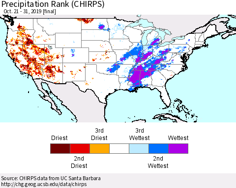 United States Precipitation Rank (CHIRPS) Thematic Map For 10/21/2019 - 10/31/2019