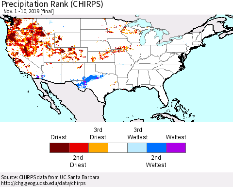 United States Precipitation Rank since 1981 (CHIRPS) Thematic Map For 11/1/2019 - 11/10/2019