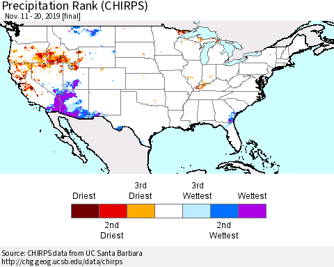 United States Precipitation Rank (CHIRPS) Thematic Map For 11/11/2019 - 11/20/2019