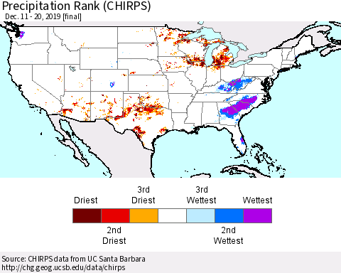 United States Precipitation Rank (CHIRPS) Thematic Map For 12/11/2019 - 12/20/2019