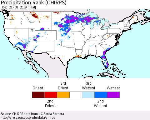 United States Precipitation Rank (CHIRPS) Thematic Map For 12/21/2019 - 12/31/2019