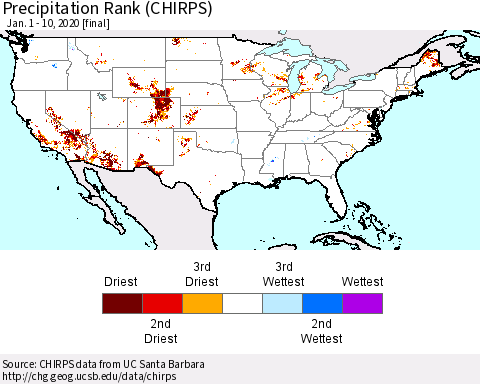 United States Precipitation Rank (CHIRPS) Thematic Map For 1/1/2020 - 1/10/2020