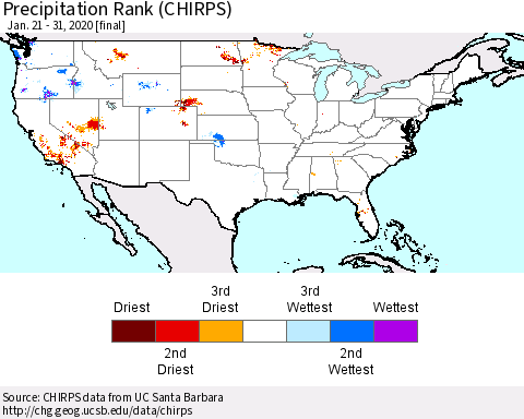 United States Precipitation Rank (CHIRPS) Thematic Map For 1/21/2020 - 1/31/2020