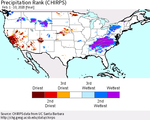United States Precipitation Rank (CHIRPS) Thematic Map For 2/1/2020 - 2/10/2020