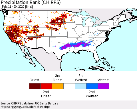 United States Precipitation Rank since 1981 (CHIRPS) Thematic Map For 2/11/2020 - 2/20/2020
