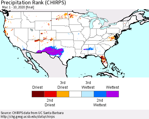 United States Precipitation Rank (CHIRPS) Thematic Map For 3/1/2020 - 3/10/2020