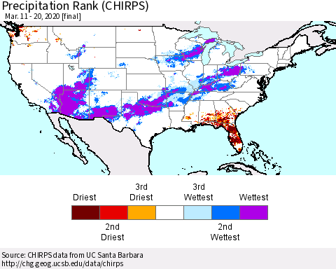 United States Precipitation Rank (CHIRPS) Thematic Map For 3/11/2020 - 3/20/2020