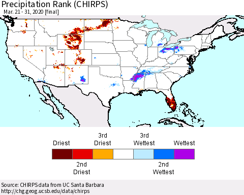United States Precipitation Rank (CHIRPS) Thematic Map For 3/21/2020 - 3/31/2020