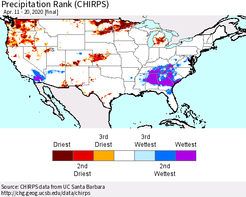 United States Precipitation Rank (CHIRPS) Thematic Map For 4/11/2020 - 4/20/2020