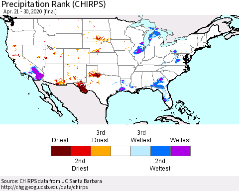 United States Precipitation Rank since 1981 (CHIRPS) Thematic Map For 4/21/2020 - 4/30/2020
