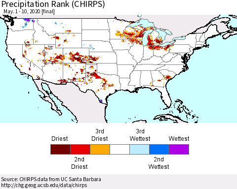 United States Precipitation Rank (CHIRPS) Thematic Map For 5/1/2020 - 5/10/2020